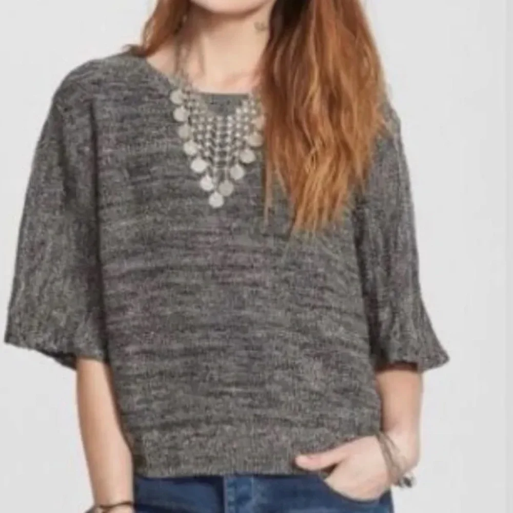FREE PEOPLE Rising Sun Knit Black Combo Split Back Crop Pullover Sweater Top⚫️⚪️